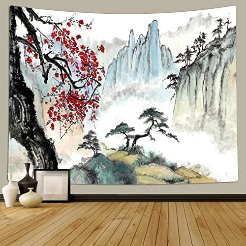 TOMOZ Japanische Landschafts-Wandteppich, Bergbäume mit Kirschblüten, Sakura-Blume, Wandbehang, asiatischer chinesischer Wandteppich, für Schlafzimmer, Geburtstagsparty-Dekoration, 202.4x152.4 cm von TOMOZ