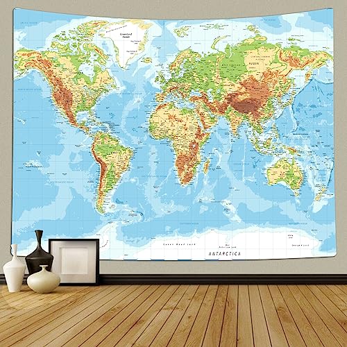 TOMOZ Weltkarten-Wandteppich, detaillierter blauer Ozean, natürliche physische Karte und Städte, Wandteppich, Wandbehang, Dekoration, 228x152 cm von TOMOZ