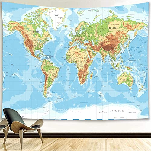 Weltkarte Wandteppich, detaillierte blaue Ozean, natürliche körperliche Karte und Städte, Wandbehang, geografisch, pädagogischer Wandteppich für Schlafzimmer, Wohnzimmer, Dekoration, 203x152 cm von TOMOZ