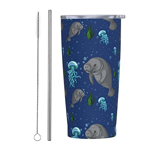 Manatee Animals Becher aus Edelstahl mit Deckel und Trinkhalmen, vakuumisoliert, Reisebecher, Kaffeetassen für kalte heiße Getränke von TOMPPY