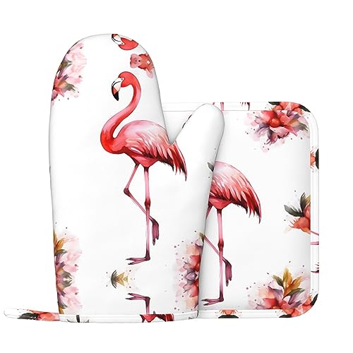 Ofenhandschuhe Und Topflappen Sets Flamingo Gedruckt Hitzebeständige Ofenhandschuhe Rutschfest Waschbar Kochen Handschuhe Für Küche Kochen Backen BBQ von TOMPPY