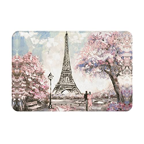 Paris Street Eiffelturm Rosa Blumendruck Fußmatte, saugfähige, rutschfeste Fußmatte, waschbare Willkommensmatte für schlammige, nasse Schuhe und Hundepfoten von TOMPPY