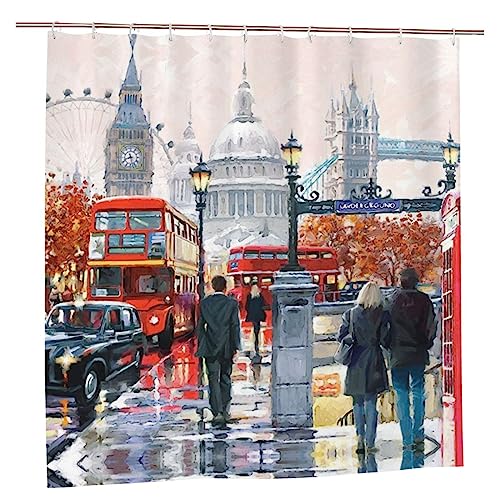 TOMPPY London Impression Bedruckter Duschvorhang Wasserdicht Badvorhang Polyester Stoff Duschvorhang Modern Home Badezimmer Dekor Badewanne Sichtschutz von TOMPPY