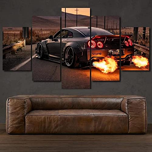 TONATO 5 Panels Leinwand Wandkunst schwarzer Nissan GT-R R R35 Liberty Walk Car Car Tourismus Wandbilder Kunstwerk Poster Schwarz Weiß, Rahmen,L von TONATO