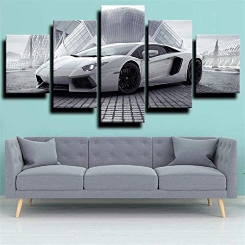 TONATO 5 Teile Bild Auf Leinwand Leinwandbilder Sportauto Aventador Weißer Auto Wandkunst Tapete Dekorative Wandbild Für Wohnzimmer Home Decor,B,M von TONATO