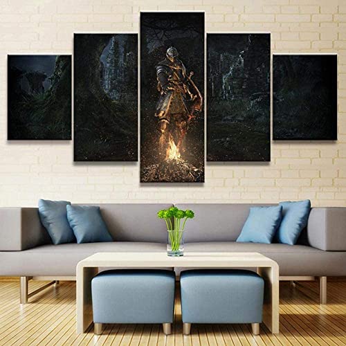 TONATO Leinwand Druckmalerei 5 Panels Dark Souls Game Swordsman Poster Wandkunst Wohnzimmer Wohnzimmer Bild mit Rahmen,XL von TONATO