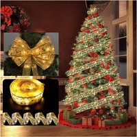 LED-Lichterkette mit Satinband zur Christbaumdekoration, 5 Meter, 50 Lichter, drei Batterieboxen mit Blitz, goldenes Band mit warmem Licht von TONCHEAN