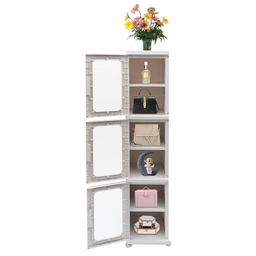 TONFEION Aufbewahrungsschrank 3-stufiger Badezimmerschrank mit Magnetischen Türen und 360° Rollen, 40kg Tragkraft, 6 Fächer, Platzsparend Plastikschrank für Küche/Wohnzimmer/Badezimmer von TONFEION