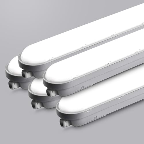 TONFFI 5 Stück Feuchtraumleuchte 120CM, 36W 4500LM LED Feuchtraumlampe, 6000K Kaltweiß Röhrenlampe Komplett, Verknüpfbar IP65 Wannenleuchte Werkstattlampe Keller Deckenleuchte für Garage von TONFFI