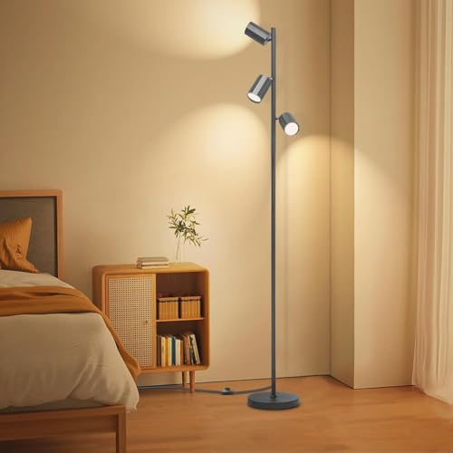 TONFFI LED Stehlampe Wohnzimmer, schwenkbar 3 flammig 4 x GU10 Fassung Glühbirnen 5W (Max 10W), 3000K Warmweiß Leselampe Stehleuchte mit Fußschalter, Standlampe Deckenfluter für Schlafzimmer Büro von TONFFI