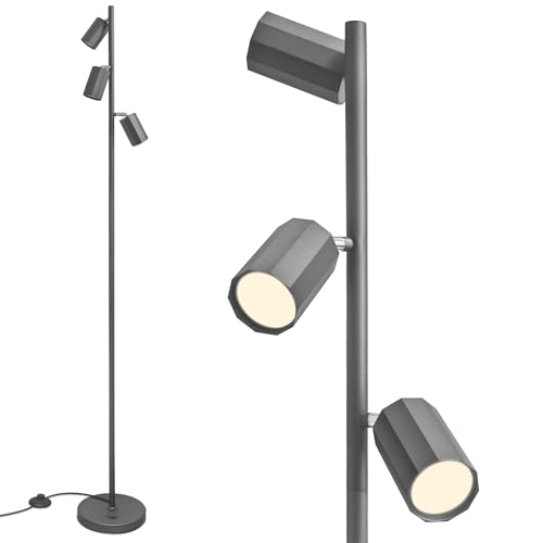 TONFFI LED Stehlampe mit 3-Flammig, GU10 Fassung, 3*5 Watt (mit Glühbirnen,3000K), Schwenkbar Leselampe Stehleuchte mit Fußtaster, Retro Standlampe Deckenfluter für Wohnzimmer Schlafzimmer Büro, Grau von TONFFI