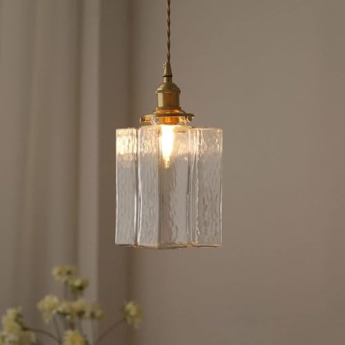 TONFON Retro Kronleuchter aus gehämmertem Glas, Hängeleuchte aus gehämmertem Glas, quadratische Deckenlampe in Flaschenform E27, Deckenlampe für Küche, Insel, Esszimmer, Schlafzimmer, Flur, Bar von TONFON