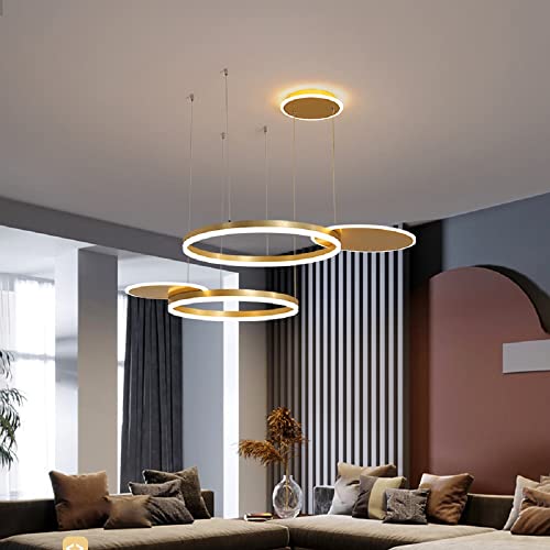 Moderne LED Pendelleuchte Kronleuchter Wohnzimmer Dimmbar mit Fernbedienung Kreativ Pendellampe Rund 5 Ringe Hängeleuchte Metall Acryl Hängelampe Esszimmer Lampe Wohnzimmer Leuchte 60W (A-golden) von TONG TONG