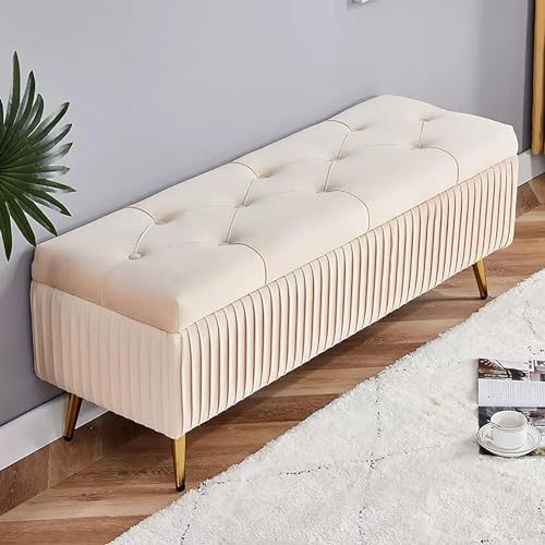 Moderne Samt Stauraum Sitzbank Sitz,Polsterte Fußstütze Ottomane mit goldenen Metallbeinen,Sitzbank Mit Stauraum,Ende der Bettbank Eingangsbank für Wohnzimmer Schlafzimmer (Beige, 120*40*45cm) von TONG TONG