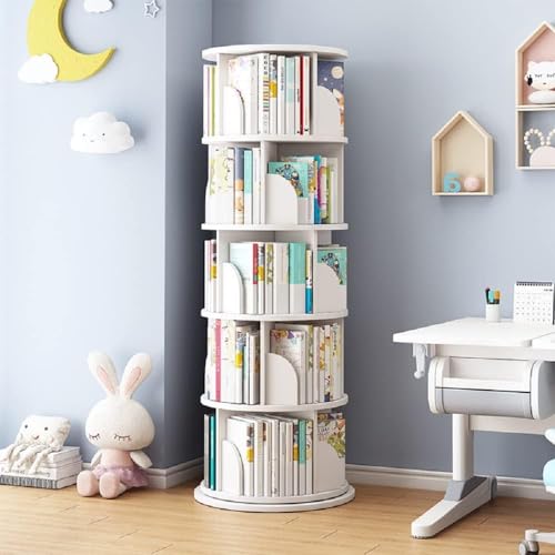TONG TONG Bücherregal zur Bodenaufbewahrung, 5 Ebenen, 360° drehbares Bücherregal, einfach zu montierendes Bücherregal für das Heimbüro, stapelbares Kinder-Bücherregal – 46 x 46 x 158 cm (Weiß) von TONG TONG