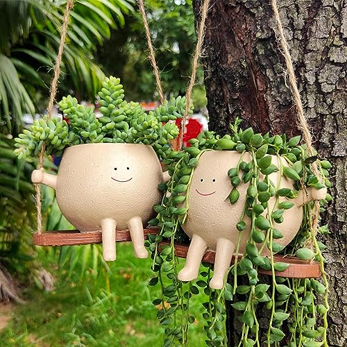 TONGFENG Hängender Blumentopf mit Schaukel-Gesicht-Design | Niedlicher Übertopf mit Lächeln-Gesicht und Schaukel | Für den Garten | Weiß | Outdoor von TONGFENG