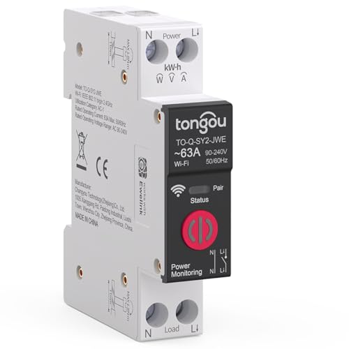 TONGOU WIFI 1P Hutschiene für Smart Home Wireless Fernbedienung Schalter 63A/ 230vac, Digitaler Stromzähler von eWelink APP, Smart Wlan Energiezähler, mit Stromverbrauchsmessung von TONGOU