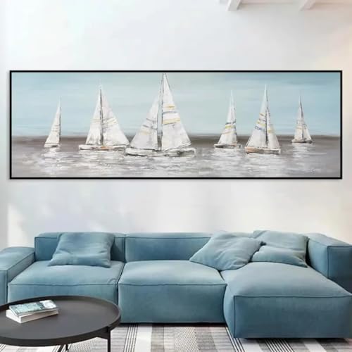TONGYINLI Abstraktes weißes Segelboot auf dem Meer, Leinwandbild, nordisches Seestück, Poster und Drucke, Gemälde für Wohnzimmer, Heimbild, 20 x 60 cm, Rahmen von TONGYINLI
