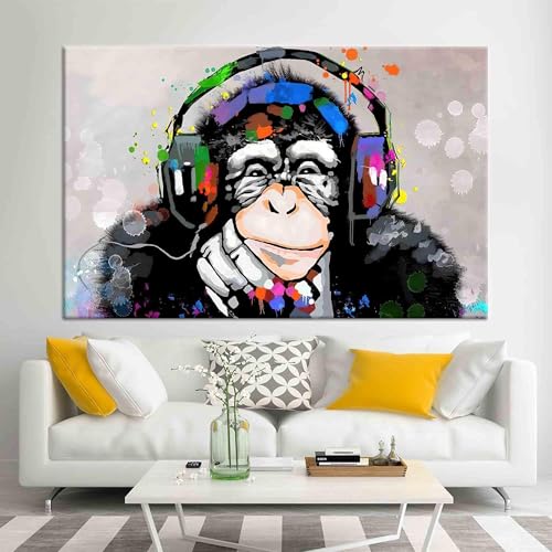 TONGYINLI Pop-Art, farbenfrohe DJ-Affenkopfhörer, Leinwandbild, Poster im Graffiti-Stil, Funky Music Animal Schimpansen-Gemälde, 70 x 110 cm, Rahmen TONGYINLI Pop-Art, farbenfrohe DJ-Affenkopfhörer, Leinwandbild, Poster im Graffiti-Stil, Funky Music Animal Schimpansen-Gemälde, 70 x 110 cm, Rahmen von TONGYINLI