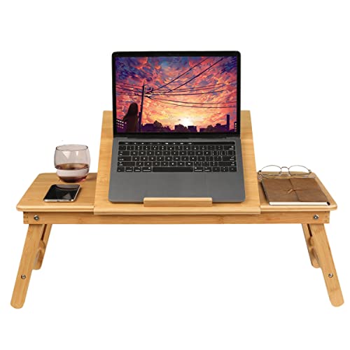 Laptoptisch fürs Bett mit klappbaren Bambus Laptop Frühstücktisch Tablett höhenverstellbar 72x35x(25-36) cm von TONH