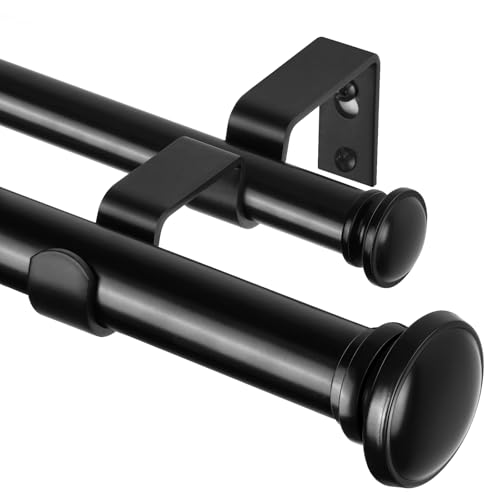 TONIAL 2,5 cm Doppel-Gardinenstangen, 168 bis 308 cm, strapazierfähig, dekorative Gardinenstange, Teleskopstange, Spleißen, Doppelstange mit kleiner Kappe, Schwarz von TONIAL
