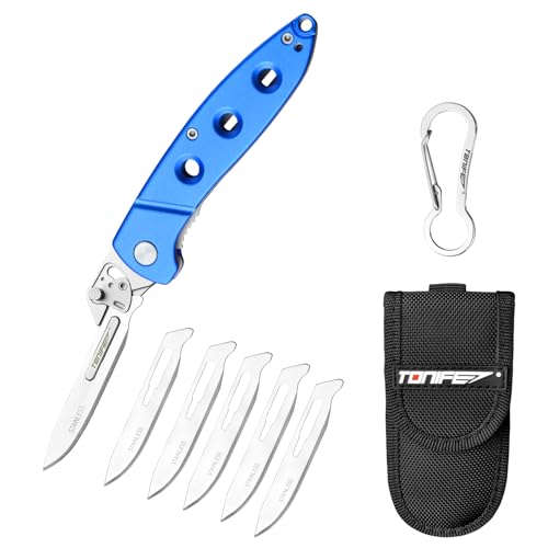 TONIFE Auswechselbare Klingen Klappmesser, Skalpell Klappmesser mit Edelstahlklingen und 5 Austauschbaren Klingen, EDC Taschenmesser für Outdoor Camping Survival Angeln (Blau) von TONIFE