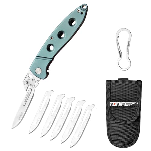 TONIFE Auswechselbare Klingen Klappmesser, Skalpell Klappmesser mit Edelstahlklingen und 5 Austauschbaren Klingen, EDC Taschenmesser für Outdoor Camping Survival Angeln (Cyan) von TONIFE