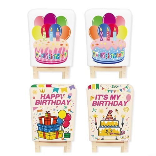 Stuhlhussen-Set "Happy Birthday", für Klassenzimmer, 4 Stück, lebendiges doppelseitiges Design, waschbare Polyester-Party-Dekorationen von TONIXY