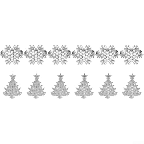 TONIXY 12-teiliges Weihnachts-Serviettenring-Set, Baum und Schneeflocke, Legierung, Strass, Tischdekoration für Urlaub, Abendessen, Party-Dekorationen (Silber) von TONIXY