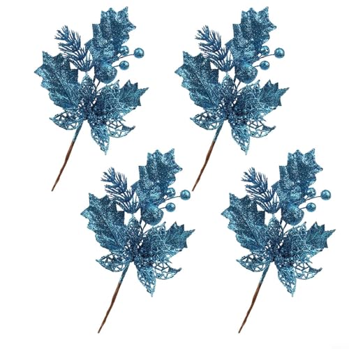 TONIXY 4 Stück glitzernde künstliche Weihnachtsbaumzweige mit hohlen Obstspießen für festliche Feiertagsdekoration (blau) von TONIXY
