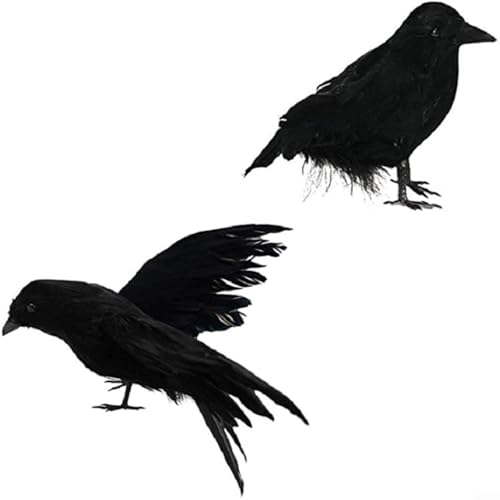 TONIXY Halloween Dekorationen Krähe 2 Stück Realistische Schwarze Krähe Rabe Requisiten Gefälschte Vögel mit Federn für Halloween Party Dekoration von TONIXY