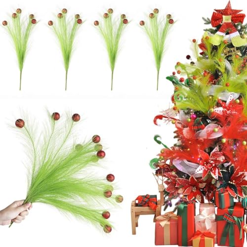 TONIXY Künstliche Weihnachtsblumen mit roten Glitzerkugeln, 4 Stück für Baum, Kranz, Girlande und Feiertags-Basteldekorationen, 47,7 cm grüne Stiele von TONIXY