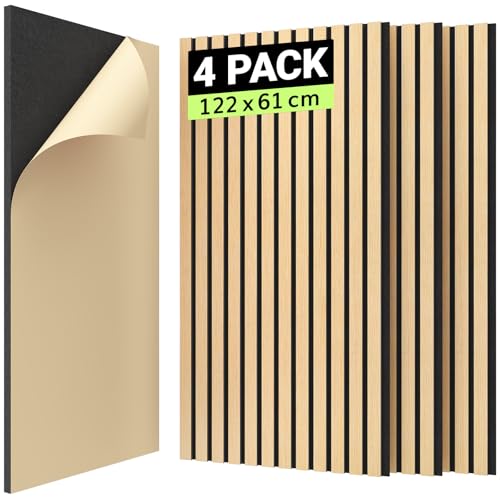 TONOR Akustikpaneele HOLZ Selbstklebend 1,488m²- 4 Stück 122 x 61 x 2,1 cm, 3D Holzpaneele Wand Lamellenwand schallschutz wand, Akustische Behandlung und Wanddekoration für Studio Büro, Eiche von TONOR