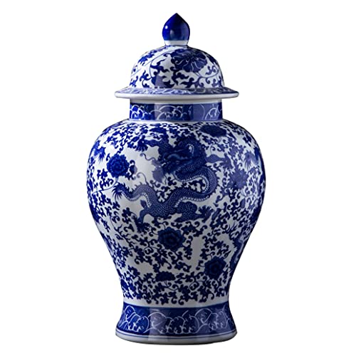 Chinesische dekorative Keramikvasen Ingwerglas mit Deckel für Wohnkultur, Chinoiserie Blaues und weißes Porzellan-Tempelglas mit Deckel, Blumenvasen-Dekoration von TONPOP