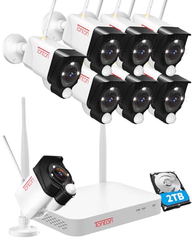 2K WLAN Überwachungskamera Set mit Gegensprechfunktion, 5MP 10CH Wireless NVR 8x3MP Kabellose Outdoor Überwachungskamera, PIR Personen Erkennung, Wasserdicht, Spotlight Warnung, Work with Alexa, 2TB von TONTON
