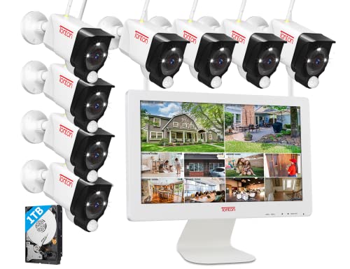 Tonton Außen Überwachungskamera Set mit Monitor, 5MP 10CH 16"Zoll NVR Monitorund 8*3MP WiFi Kameras, PIR-AI-Personenerkennung, Gegensprechfunktion, 30M Farbnachtsicht, Work with Alexa, 1TB Festplatte von TONTON