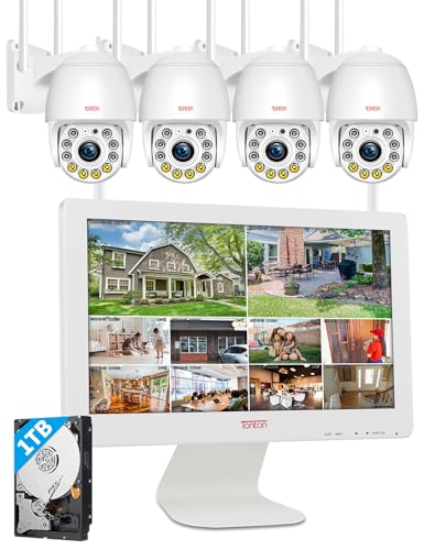 Tonton Video Überwachungsset WLAN, 10CH 5MP HD 16 Zoll WiFi NVR Monitor 4 X 1920P Schwenkbare Überwachungskamera, Nachsicht in Farbe, Zwei-Wege-Audio, Auto Verfolgung, APP/PC Fernzugriff, 1TB HDD von TONTON