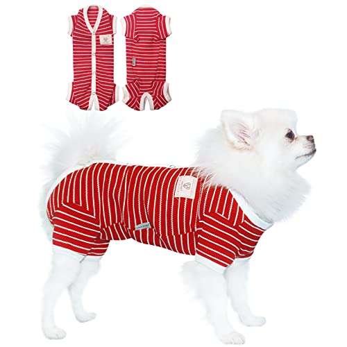 TONY HOBY Hundeschlafanzug mit 4 Beinen, Hundeschlafanzug mit Waffelstreifen, Hundeschlafanzug für mittelgroße und kleine Hunde (Rot - Mädchen, L) von TONY HOBY