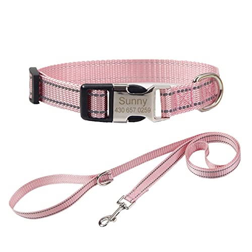 TONYFY Individuelle Nylon Hundehalsband, Personalisierte Reflektierende Haustier Halsband, Benutzerdefinierte Namen und Telefon Tag, mit Leine, für Große, Mittlere und Kleine Hunde (Rosa, L) von TONYFY