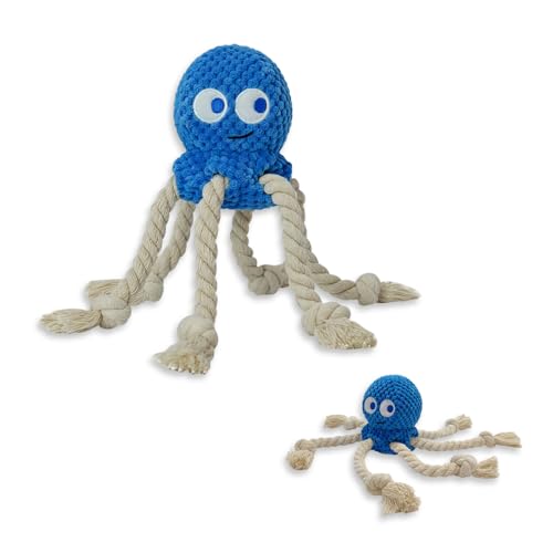TONYFY Niedliche Meerestieren Hundespielzeuge mit Quietscher, Interaktive Plüschspielzeuge aus Baumwolle mit Knoten und Knisterpapier – für Welpen, kleine und mittelgroße Hunde (Blauer Oktopus) von TONYFY