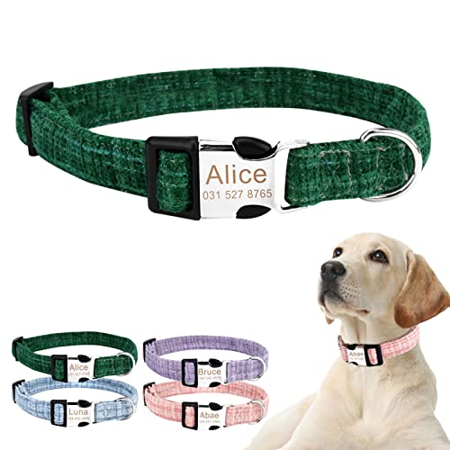 TONYFY Personalisiertes Hundehalsband, Individuelles Name und Telefonnummer, Einfarbiges Design mit Etikett, Verstellbares Haustierhalsband mit Leine, für Kleine, MittelgroßE GroßE Hunde (Grün-M) von TONYFY