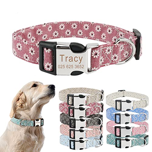 TONYFY Personalisiertes Hundehalsband mit Metallschnalle, individuelle Name und Nummer, verstellbares Haustierhalsband, Gänseblümchen Blumen Muster, für kleine, mittelgroße Hunde (Burgunderrot, S) von TONYFY