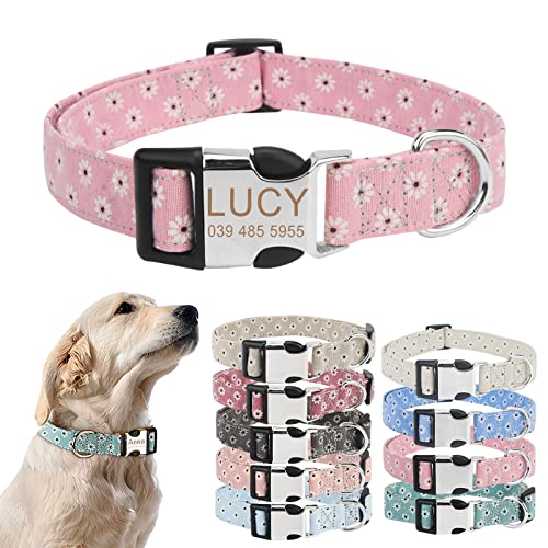 TONYFY Personalisiertes Hundehalsband mit Metallschnalle, individuelle Name und Nummer, verstellbares Haustierhalsband, Gänseblümchen Blumen Muster, für kleine, mittelgroße Hunde (Rosa, XS) von TONYFY