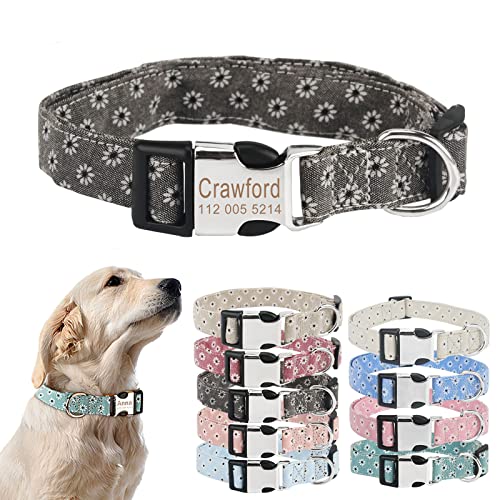 TONYFY Personalisiertes Hundehalsband mit Metallschnalle, individuelle Name und Nummer, verstellbares Haustierhalsband, Gänseblümchen Blumen Muster, für kleine, mittelgroße Hunde (Grau, L) von TONYFY