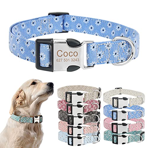 TONYFY Personalisiertes Hundehalsband mit Metallschnalle, individuelle Name und Nummer, verstellbares Haustierhalsband, Gänseblümchen Blumen Muster, für kleine, mittelgroße Hunde (Blau, M) von TONYFY