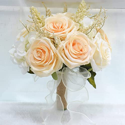 TONZN Künstlicher Blumenstrauß, Braut mit Blumen, Champagnerrosa Rosen, Seidenhochzeitsblume, künstliche Hochzeitssträuße für die Braut mit Bändern von TONZN