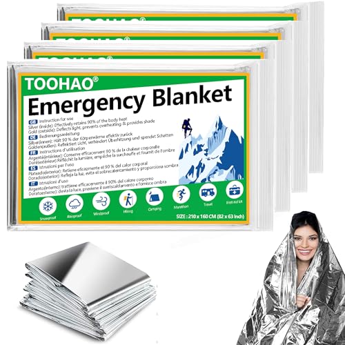 TOOHAO Rettungsdecke 4 Stück, Erste Hilfe Decke 210x160cm, Silber Emergency Blanket Perfekt für Outdoor, Wandern, Naked Survival Ausrüstung, Marathons oder Notfall, Robust, Reißfest & Wasserdicht von TOOHAO