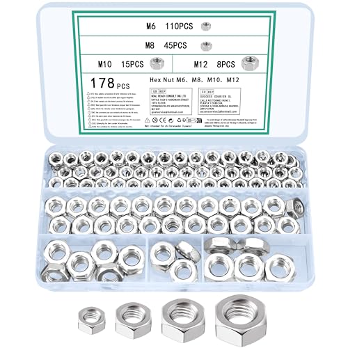 TOOINKCV 178 Stück Sechskantmuttern M6 m8 m10 m12 Muttern Set, Sechskant Muttern Sortiment, Sicherungsmuttern Stoppmuttern Set, Selbstsichernde Muttern für Schrauben Unterlegscheiben Gewindestangen von TOOINKCV