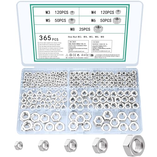 TOOINKCV 365 Stück Sechskantmuttern M3 M4 M5 M6 M8 Muttern Set, Sechskant Muttern Sortiment, Sicherungsmuttern Stoppmuttern Set, Selbstsichernde Muttern für Schrauben Unterlegscheiben Gewindestangen von TOOINKCV