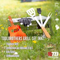 Outdoor tragbarer Holzkohle Edelstahl Grill Set für Camping werkzeuglose Montage 43 x 29 x 23 cm Silber + Grillbesteck , Grillhandschuhe & von TOOLBROTHERS